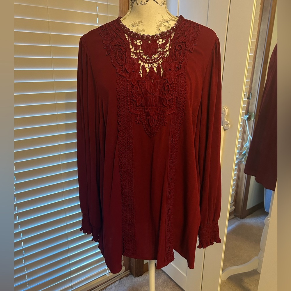 Torrid Washable Crinkle Gauze Crochet Yoke Blouson Sleeve Top - Picture 2 of 7
